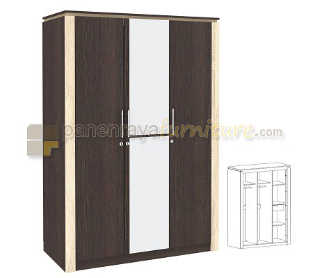 Panen Raya Lemari Pakaian 3 Pintu Expo LP 1214 Black Sandal Wood 135x57x200