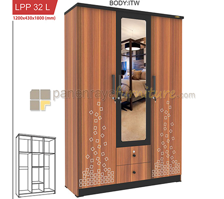 Panen Raya LEMARI PAKAIAN 3 PINTU KACA ROMARO LPP 32 L (ITALIAN WALNUT)