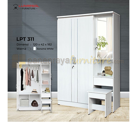 Panen Raya Lemari Pakaian 3 Pintu Meja Rias Lunar LPT 311 Sonoma Oak White 120x42x180