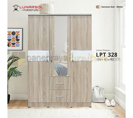Panen Raya Lemari Pakaian 3 Pintu Cermin Lunar LPT 328 Sonoma Oak White 120x42x180