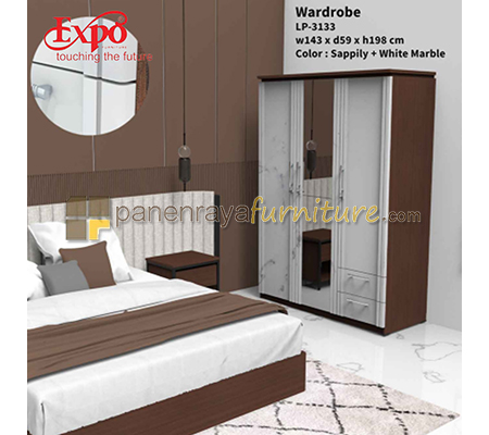 Panen Raya Furniture Lemari Pakaian 3 Pintu Expo LP 3133 Sappily-White Marble 143x59x198