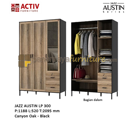 Panen Raya Furniture Lemari Pakaian 3 Pintu Activ Jazz Austin LP 300 Canyon Oak-Black 119x52x210