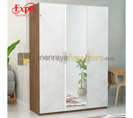 Panen Raya Furniture Lemari Pakaian 3 Pintu Cermin Expo LP 2103 Mattwood-White Marble 142x57x201