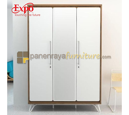 Panen Raya Furniture Lemari Pakaian 3 Pintu Kaki Besi Plus Cermin Expo LP 3122 Mattwood-White Marble 148x60x215
