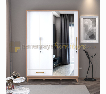 Panen Raya Lemari Pakaian 3 Pintu Siantano LP Caribia 3D SS 160x60x220 Natural-Putih